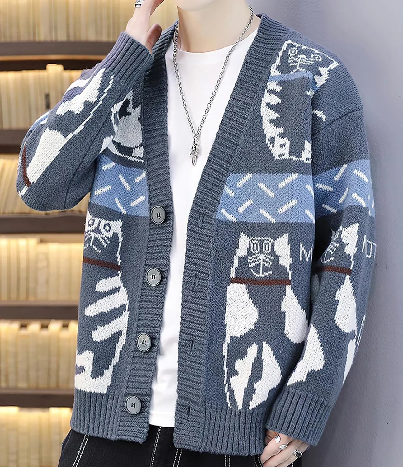 ebossy Men's Open Front Cat Pattern Jacquard Cardigan Sweater Button Down Long Sleeve Knit Coat Outwear