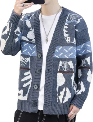 ebossy Men's Open Front Cat Pattern Jacquard Cardigan Sweater Button Down Long Sleeve Knit Coat Outwear