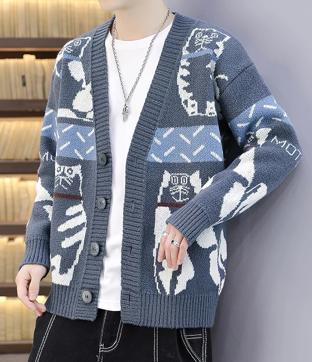 ebossy Men's Open Front Cat Pattern Jacquard Cardigan Sweater Button Down Long Sleeve Knit Coat Outwear