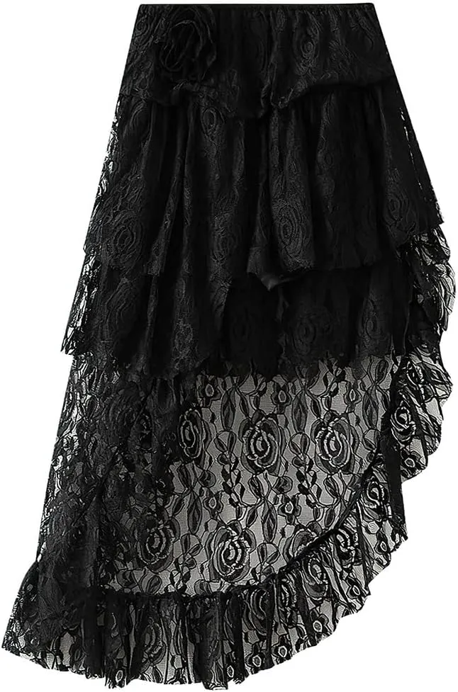 ebossy Women's Lace Mesh Ruffles Tiered Skirt Elastic High Waist Asymmetrical Prom Party Mid Long Skirt