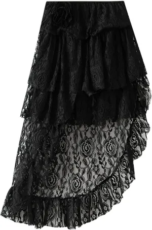 ebossy Women's Lace Mesh Ruffles Tiered Skirt Elastic High Waist Asymmetrical Prom Party Mid Long Skirt