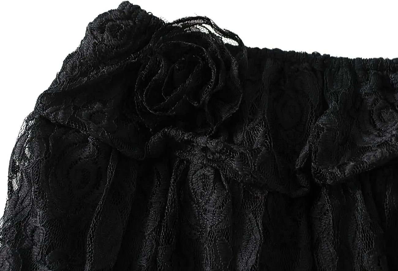 ebossy Women's Lace Mesh Ruffles Tiered Skirt Elastic High Waist Asymmetrical Prom Party Mid Long Skirt