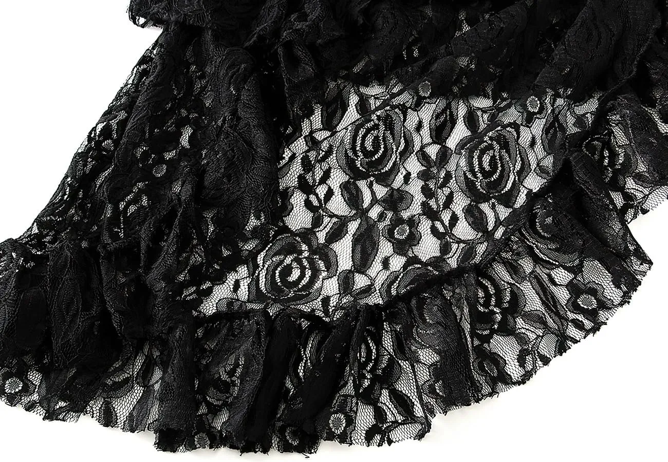 ebossy Women's Lace Mesh Ruffles Tiered Skirt Elastic High Waist Asymmetrical Prom Party Mid Long Skirt