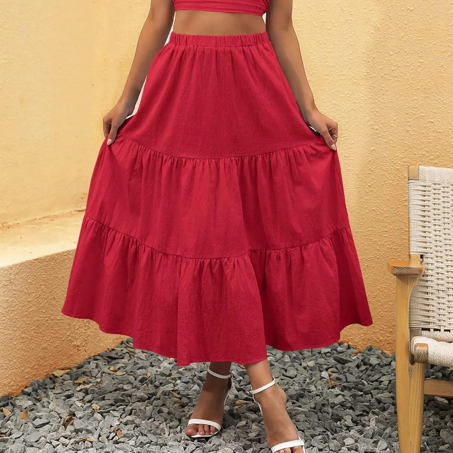 Elastic Swing with Pockets Womens Boho Summer A-Line Tiered Beach Pleated Flowy Dress Long Sheer Skirt Mini
