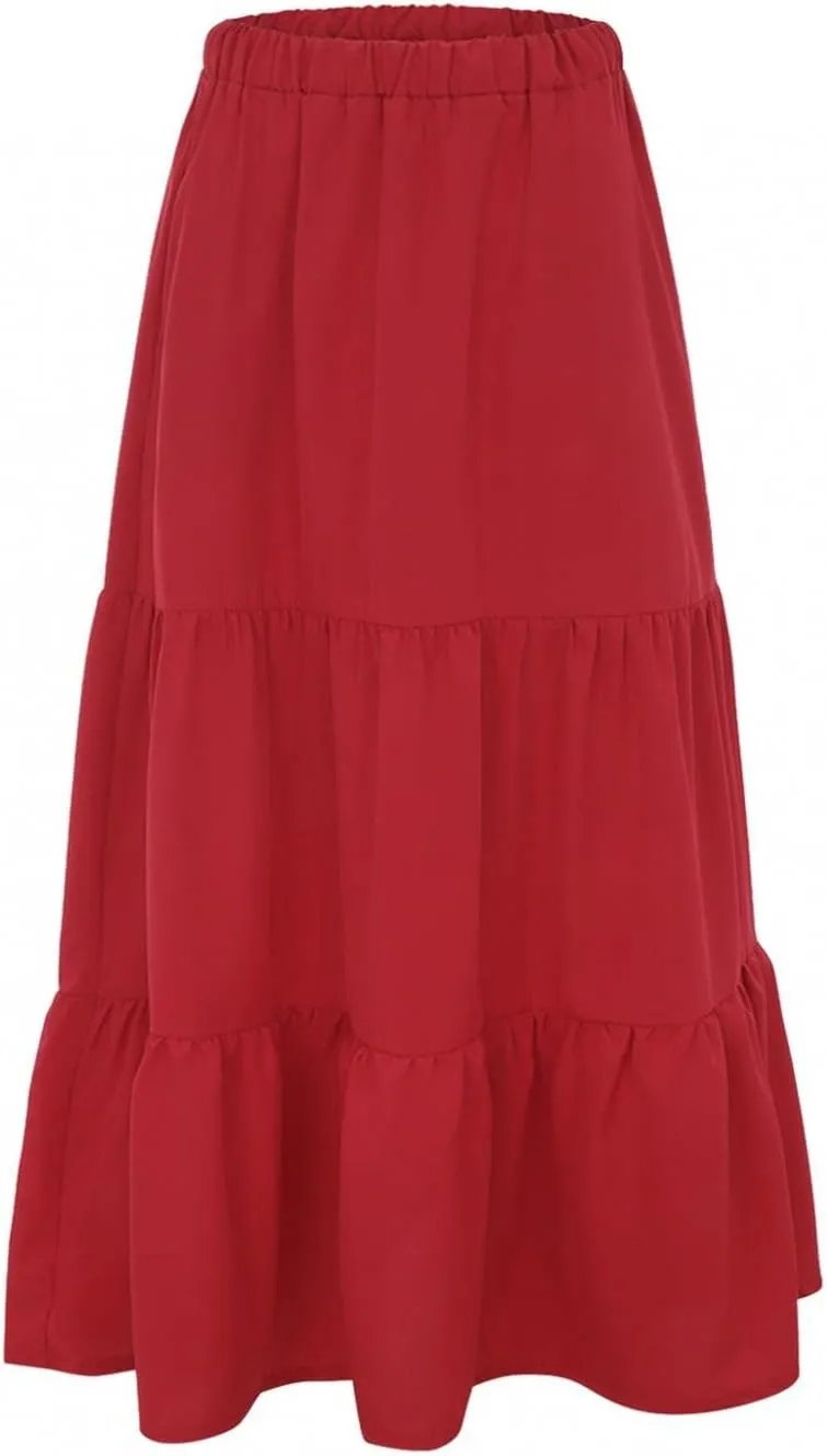 Elastic Swing with Pockets Womens Boho Summer A-Line Tiered Beach Pleated Flowy Dress Long Sheer Skirt Mini