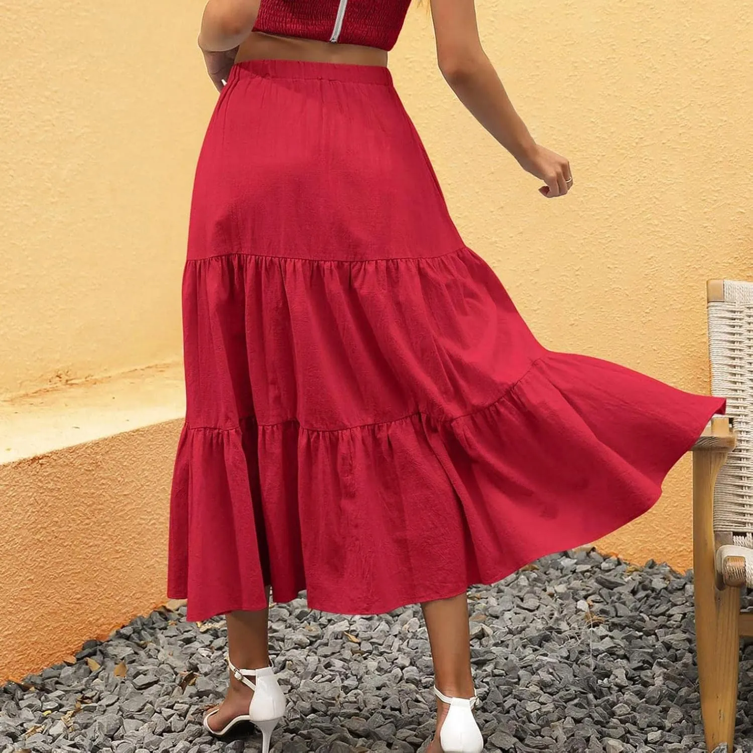 Elastic Swing with Pockets Womens Boho Summer A-Line Tiered Beach Pleated Flowy Dress Long Sheer Skirt Mini