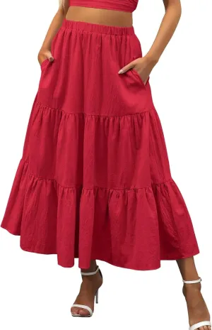Elastic Swing with Pockets Womens Boho Summer A-Line Tiered Beach Pleated Flowy Dress Long Sheer Skirt Mini