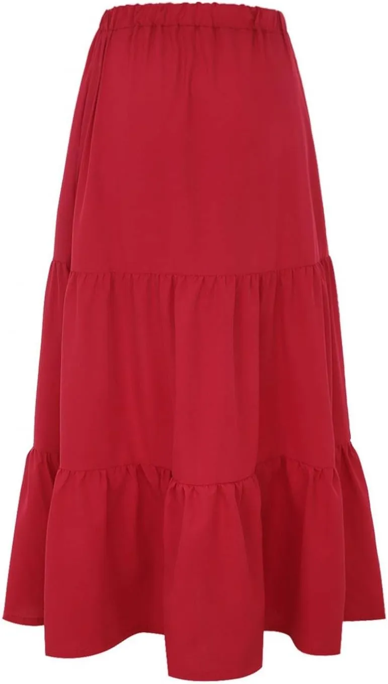Elastic Swing with Pockets Womens Boho Summer A-Line Tiered Beach Pleated Flowy Dress Long Sheer Skirt Mini