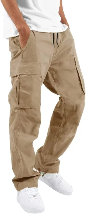 Elastic Waist Cargo Pants for Men Relaxed Fit Tactical Hiking Pants Casual Work Trousers Drawstring Travel Pants