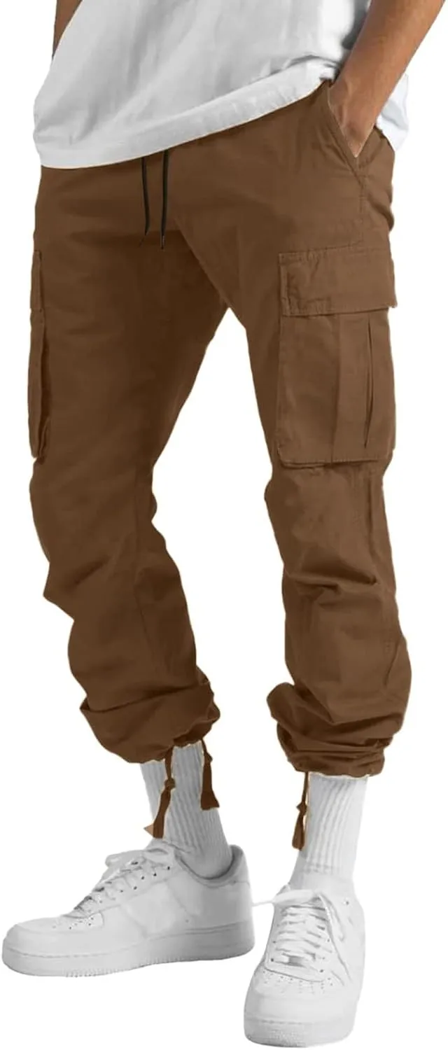 Elastic Waist Cargo Pants for Men Relaxed Fit Tactical Hiking Pants Casual Work Trousers Drawstring Travel Pants
