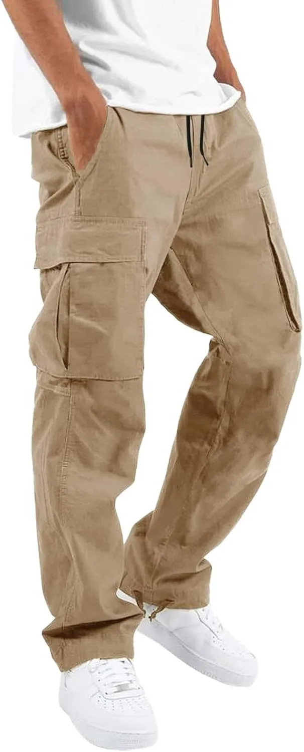 Elastic Waist Cargo Pants for Men Relaxed Fit Tactical Hiking Pants Casual Work Trousers Drawstring Travel Pants
