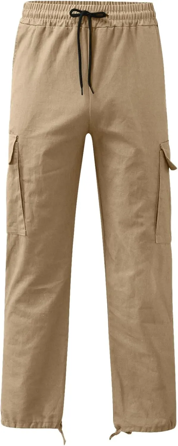 Elastic Waist Cargo Pants for Men Relaxed Fit Tactical Hiking Pants Casual Work Trousers Drawstring Travel Pants