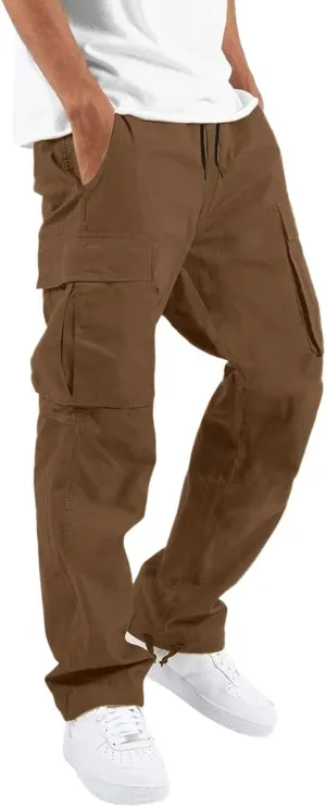 Elastic Waist Cargo Pants for Men Relaxed Fit Tactical Hiking Pants Casual Work Trousers Drawstring Travel Pants