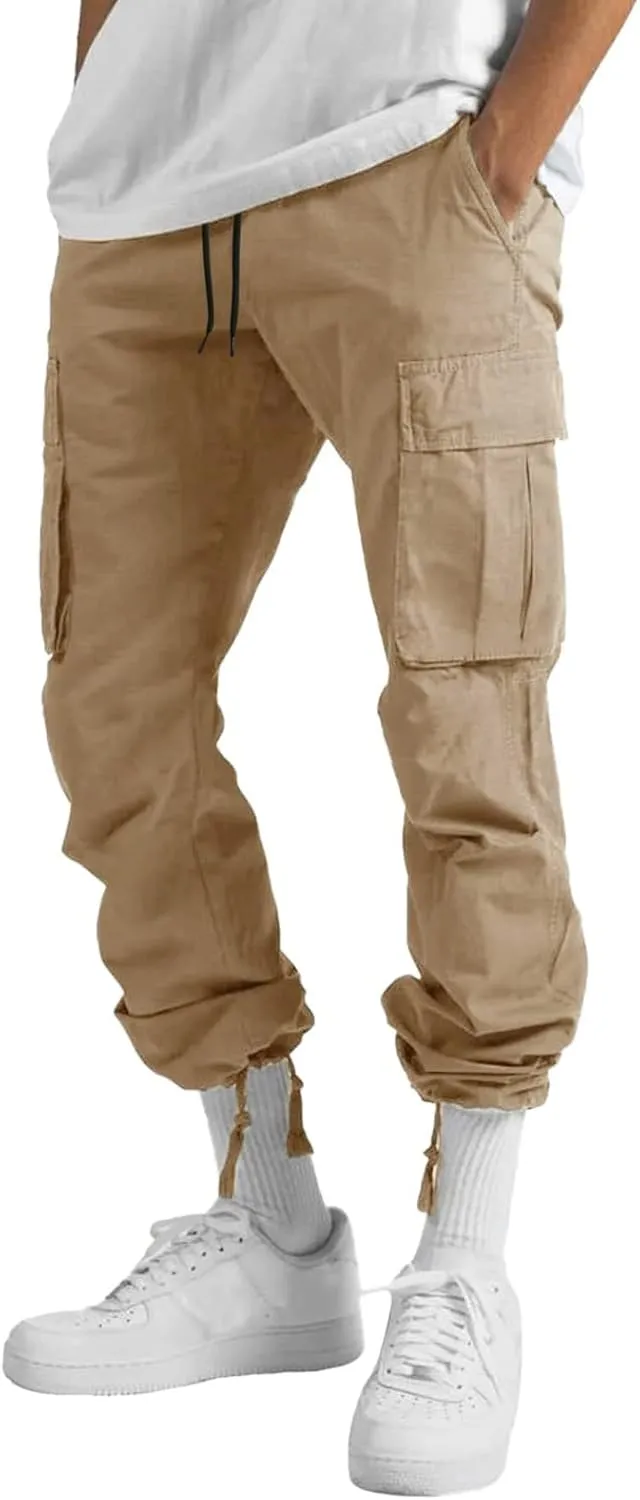 Elastic Waist Cargo Pants for Men Relaxed Fit Tactical Hiking Pants Casual Work Trousers Drawstring Travel Pants