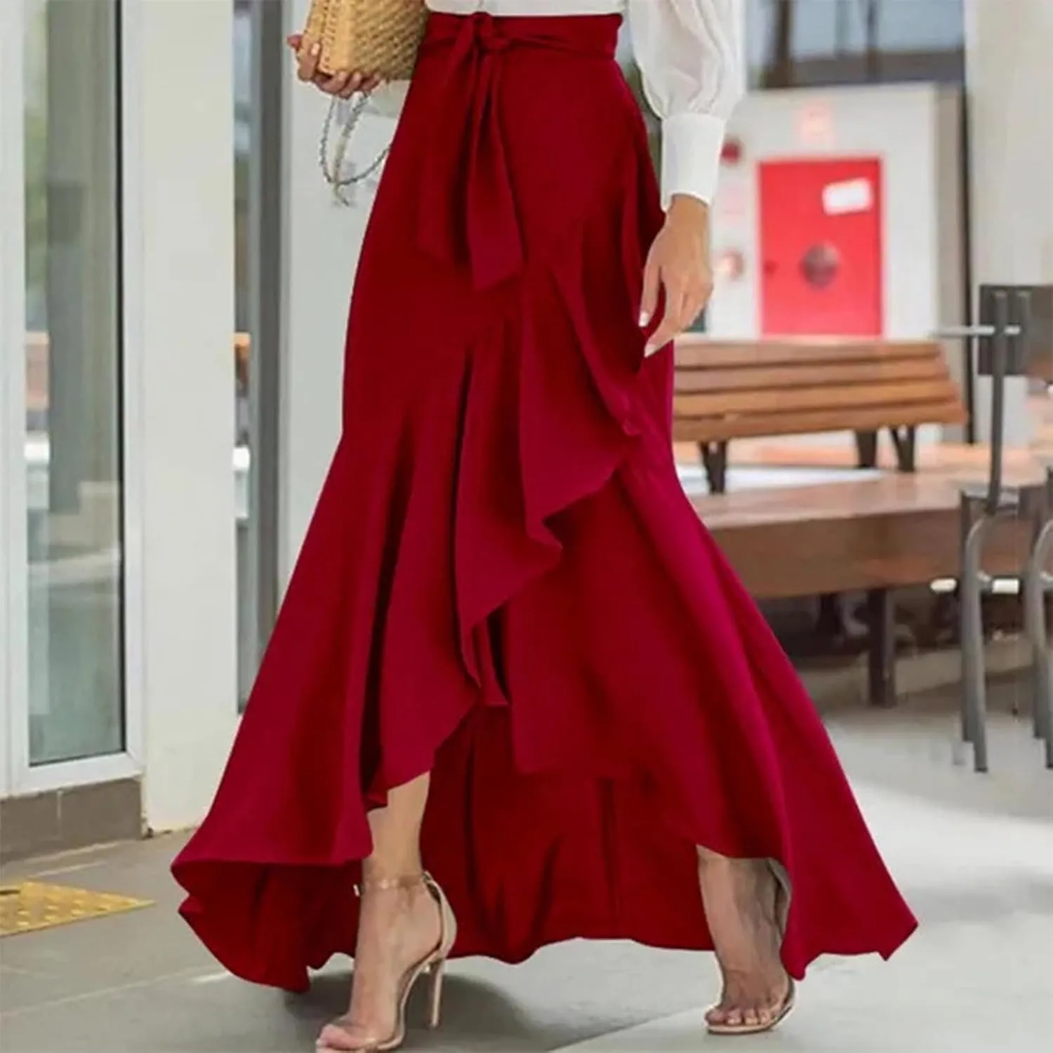 Elegant High Waisted Maxi Bodycon Skirt for Women Split Front Ruffle Trim Flowy Flared Hem Long Skirt Solid Color