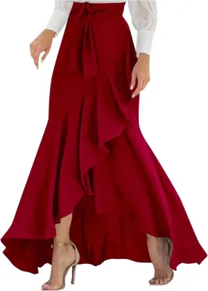 Elegant High Waisted Maxi Bodycon Skirt for Women Split Front Ruffle Trim Flowy Flared Hem Long Skirt Solid Color