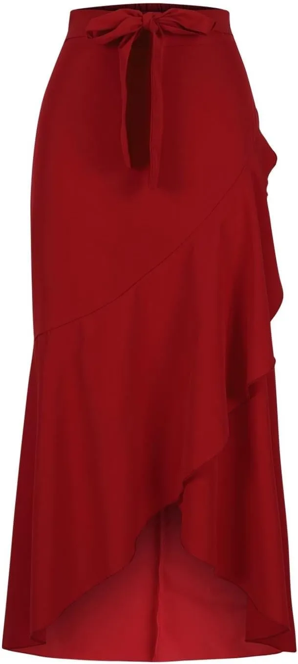 Elegant High Waisted Maxi Bodycon Skirt for Women Split Front Ruffle Trim Flowy Flared Hem Long Skirt Solid Color