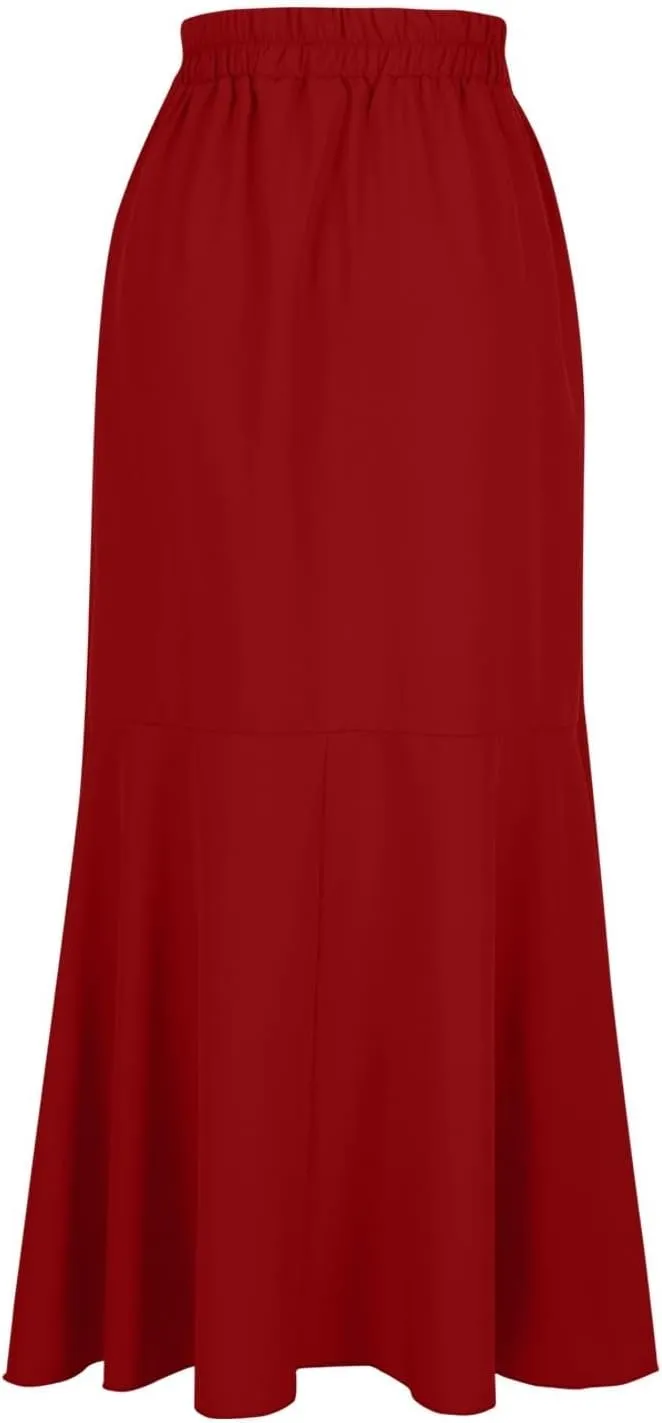 Elegant High Waisted Maxi Bodycon Skirt for Women Split Front Ruffle Trim Flowy Flared Hem Long Skirt Solid Color