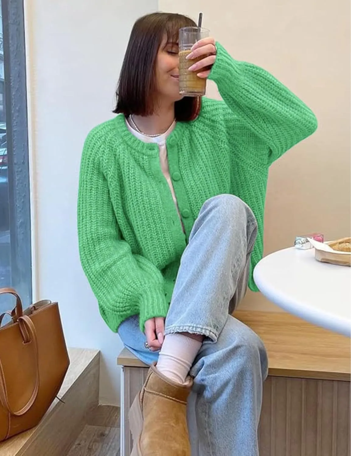 Esmeling Women’s Long Sleeve Crewneck Sweater Cardigans Fall Casual Solid Chunky Knit Coat