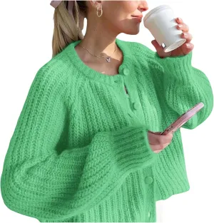 Esmeling Women’s Long Sleeve Crewneck Sweater Cardigans Fall Casual Solid Chunky Knit Coat