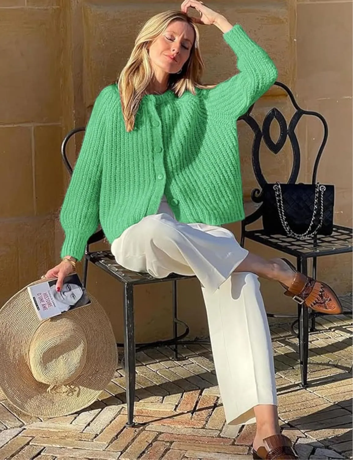 Esmeling Women’s Long Sleeve Crewneck Sweater Cardigans Fall Casual Solid Chunky Knit Coat