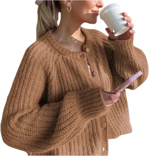 Esmeling Women’s Long Sleeve Crewneck Sweater Cardigans Fall Casual Solid Chunky Knit Coat