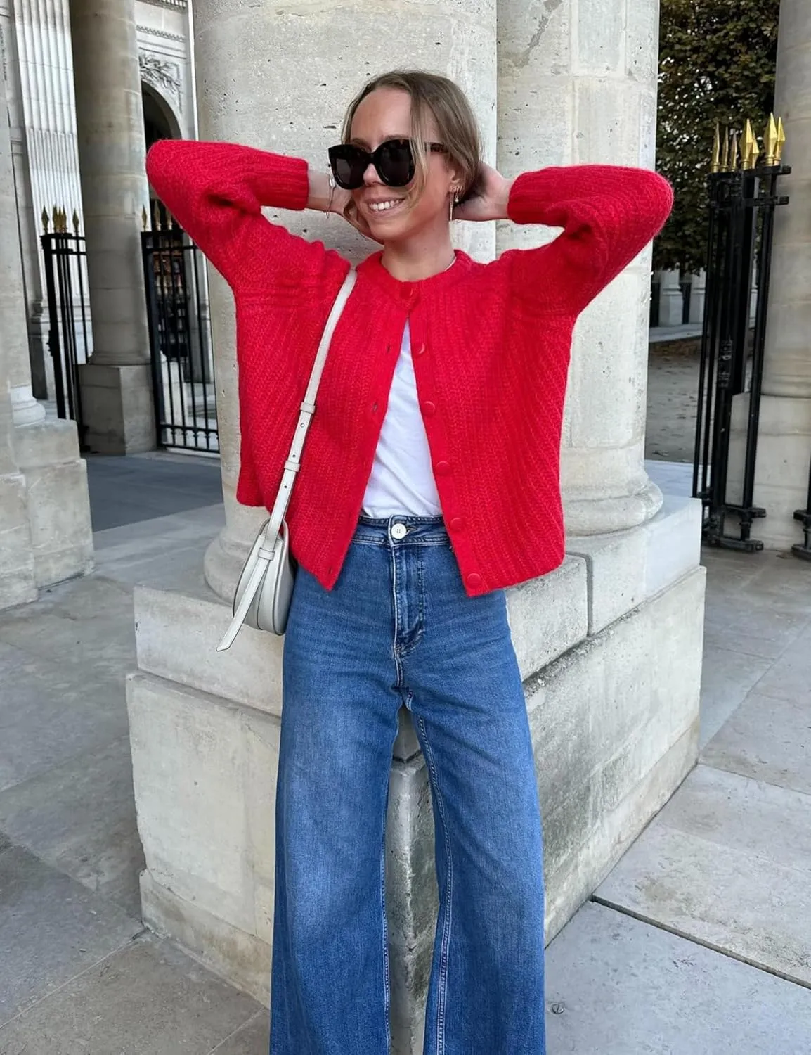 Esmeling Women’s Long Sleeve Crewneck Sweater Cardigans Fall Casual Solid Chunky Knit Coat