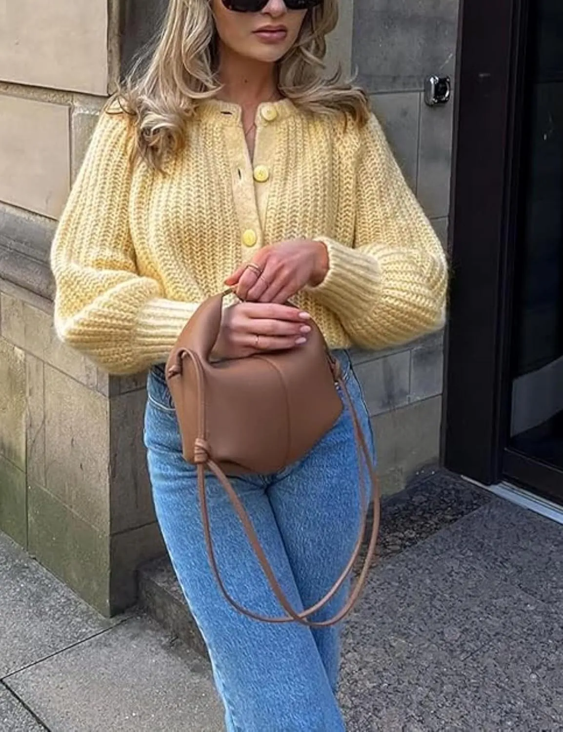 Esmeling Women’s Long Sleeve Crewneck Sweater Cardigans Fall Casual Solid Chunky Knit Coat