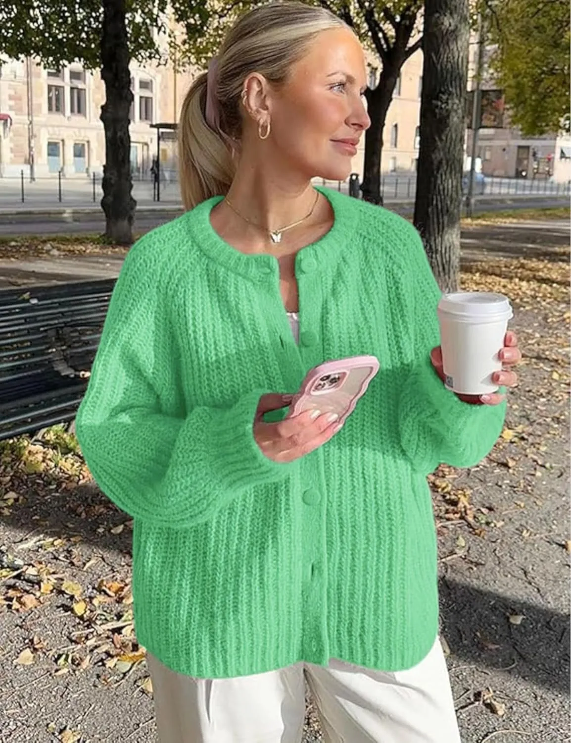 Esmeling Women’s Long Sleeve Crewneck Sweater Cardigans Fall Casual Solid Chunky Knit Coat