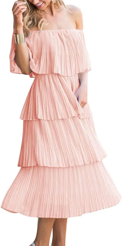 ETCYY Women's Off The Shoulder Ruffles Summer Wedding Guest Loose Casual Chiffon Long Party Beach Maxi Dress