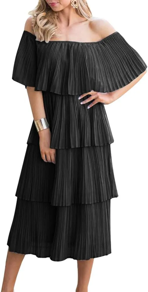 ETCYY Women's Off The Shoulder Ruffles Summer Wedding Guest Loose Casual Chiffon Long Party Beach Maxi Dress
