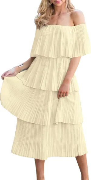 ETCYY Women's Off The Shoulder Ruffles Summer Wedding Guest Loose Casual Chiffon Long Party Beach Maxi Dress