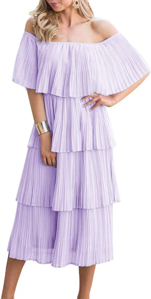 ETCYY Women's Off The Shoulder Ruffles Summer Wedding Guest Loose Casual Chiffon Long Party Beach Maxi Dress