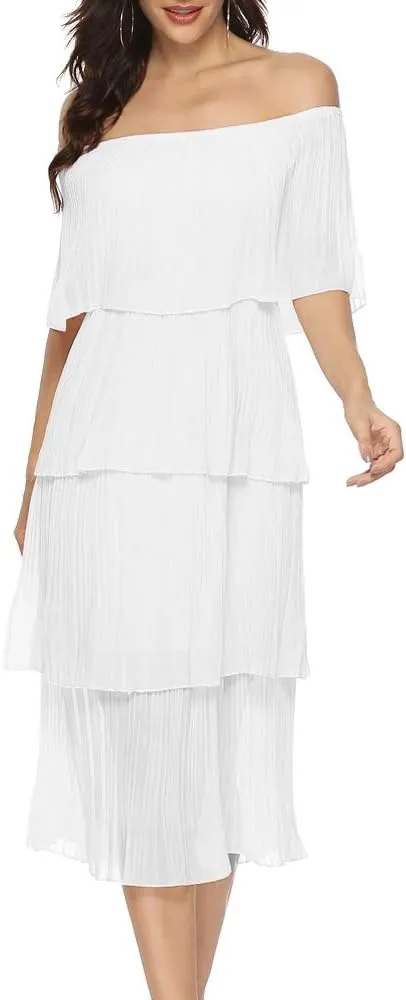 ETCYY Women's Off The Shoulder Ruffles Summer Wedding Guest Loose Casual Chiffon Long Party Beach Maxi Dress
