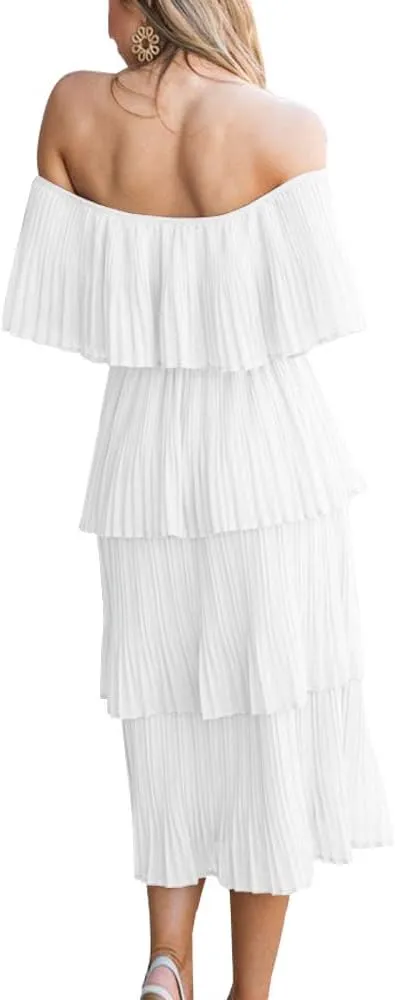 ETCYY Women's Off The Shoulder Ruffles Summer Wedding Guest Loose Casual Chiffon Long Party Beach Maxi Dress