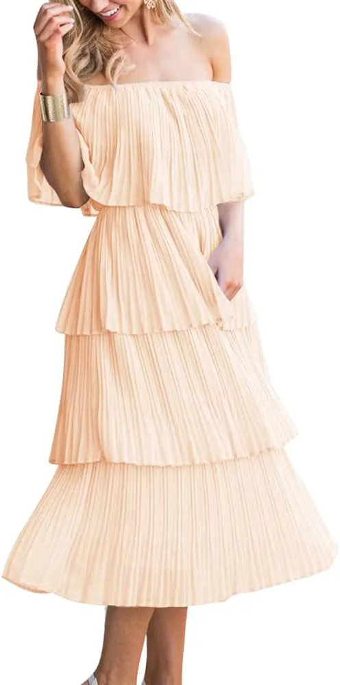 ETCYY Women's Off The Shoulder Ruffles Summer Wedding Guest Loose Casual Chiffon Long Party Beach Maxi Dress