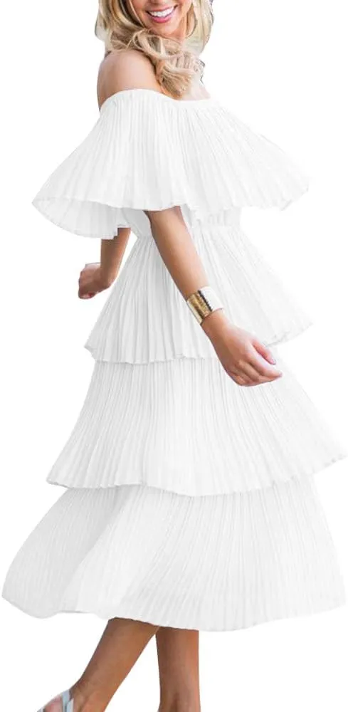 ETCYY Women's Off The Shoulder Ruffles Summer Wedding Guest Loose Casual Chiffon Long Party Beach Maxi Dress