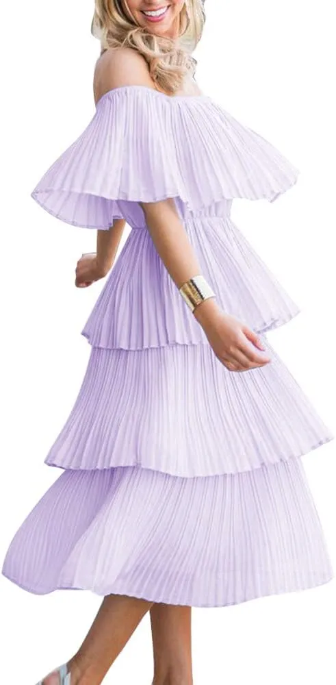 ETCYY Women's Off The Shoulder Ruffles Summer Wedding Guest Loose Casual Chiffon Long Party Beach Maxi Dress
