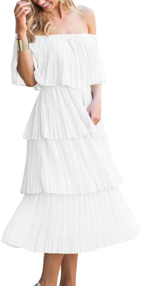 ETCYY Women's Off The Shoulder Ruffles Summer Wedding Guest Loose Casual Chiffon Long Party Beach Maxi Dress