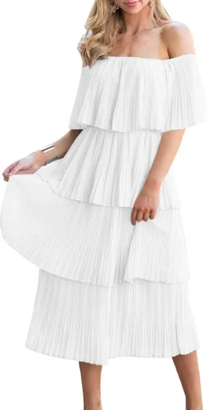 ETCYY Women's Off The Shoulder Ruffles Summer Wedding Guest Loose Casual Chiffon Long Party Beach Maxi Dress