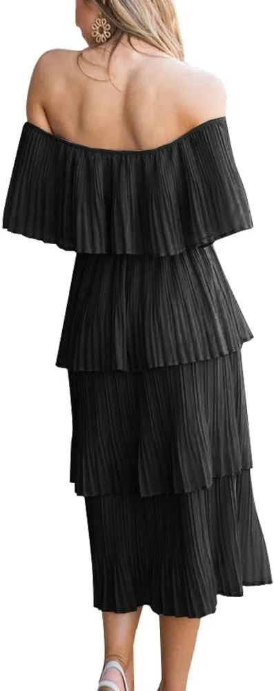 ETCYY Women's Off The Shoulder Ruffles Summer Wedding Guest Loose Casual Chiffon Long Party Beach Maxi Dress