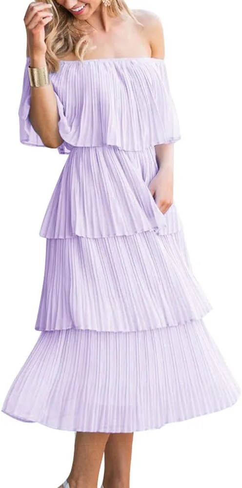 ETCYY Women's Off The Shoulder Ruffles Summer Wedding Guest Loose Casual Chiffon Long Party Beach Maxi Dress