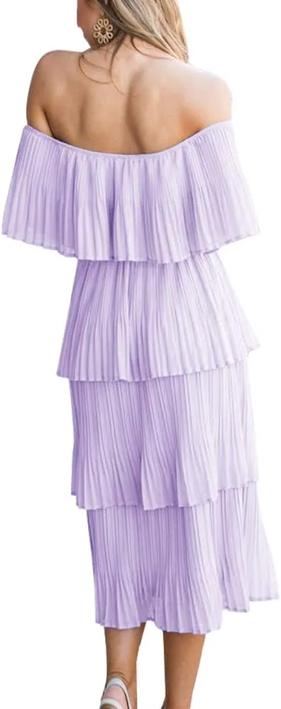 ETCYY Women's Off The Shoulder Ruffles Summer Wedding Guest Loose Casual Chiffon Long Party Beach Maxi Dress