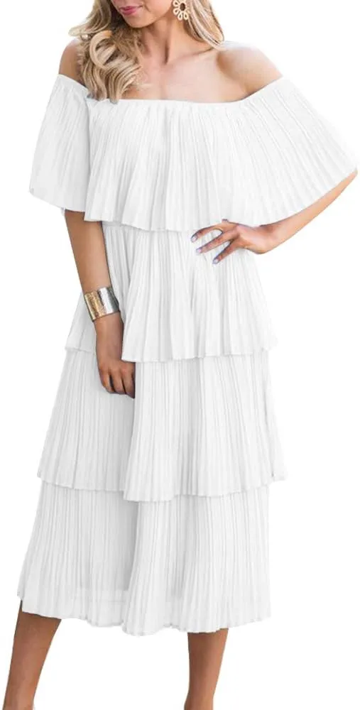 ETCYY Women's Off The Shoulder Ruffles Summer Wedding Guest Loose Casual Chiffon Long Party Beach Maxi Dress