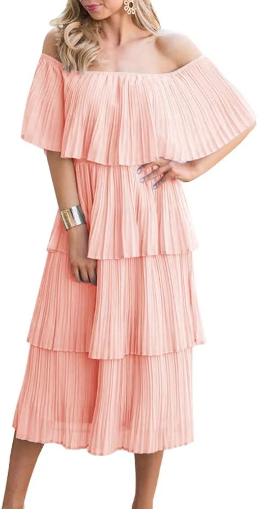 ETCYY Women's Off The Shoulder Ruffles Summer Wedding Guest Loose Casual Chiffon Long Party Beach Maxi Dress