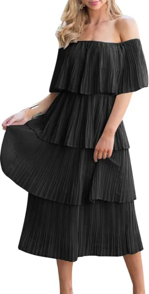 ETCYY Women's Off The Shoulder Ruffles Summer Wedding Guest Loose Casual Chiffon Long Party Beach Maxi Dress