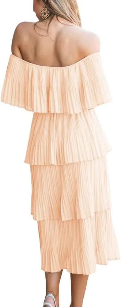 ETCYY Women's Off The Shoulder Ruffles Summer Wedding Guest Loose Casual Chiffon Long Party Beach Maxi Dress