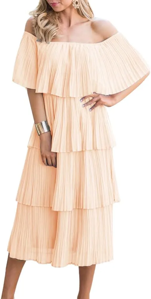 ETCYY Women's Off The Shoulder Ruffles Summer Wedding Guest Loose Casual Chiffon Long Party Beach Maxi Dress