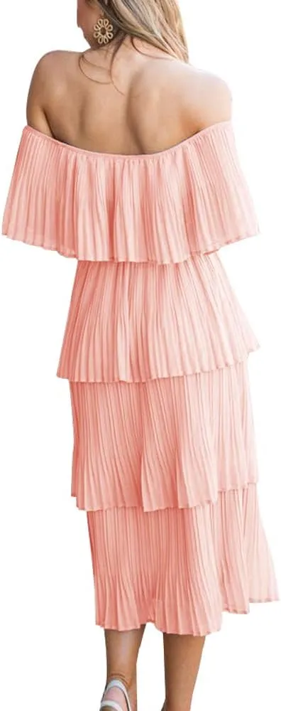 ETCYY Women's Off The Shoulder Ruffles Summer Wedding Guest Loose Casual Chiffon Long Party Beach Maxi Dress