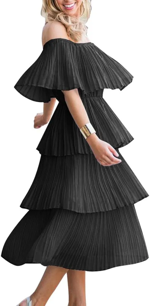 ETCYY Women's Off The Shoulder Ruffles Summer Wedding Guest Loose Casual Chiffon Long Party Beach Maxi Dress